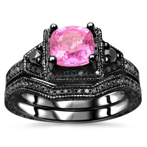 Yaffie Custom-made Black Diamond and Pink Sapphire Engagement Ring Set with 1 1/3 TGW Cushion Cut