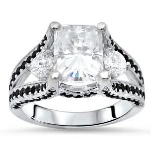 Yaffie ™ Crafted 14K White Gold Three Stone Engagement Ring with Moissanite and Black Diamond