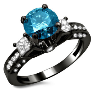 Yaffie ™ Custom-Crafted Black Gold 3-Stone Princess Diamond Engagement Ring, Featuring Blue and White Round Cuts at 1 1/2 ct.