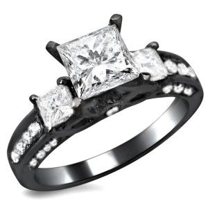 Yaffie Custom Black Gold 3-Stone Engagement Ring with 1 1/2ct TDW Princess Cut Diamonds.
