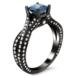 Yaffie™ Custom Blue Princess Cut and Round White Diamond Engagement Ring, Featuring 1 1/2ct TDW of Black Gold Brilliance!