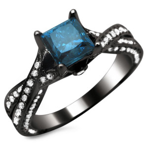 Yaffie™ Custom Blue Princess Cut and Round White Diamond Engagement Ring, Featuring 1 1/2ct TDW of Black Gold Brilliance!