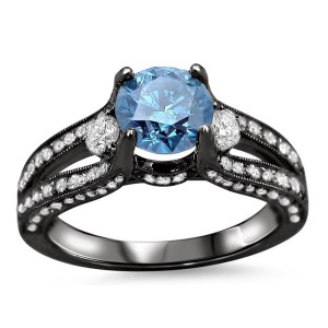 Yaffie ™ Custom Blue Round Diamond Ring - Black Gold with 1 1/2ct TDW