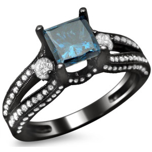 Yaffie™ Unique Blue and White Princess Cut Diamond Ring, 1 1/2ct TDW - The Black Gold Edition.