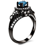 Yaffie Custom Vintage Ring - Blue and White Diamonds Set in Black Gold, Totaling 1 2/5ct TDW