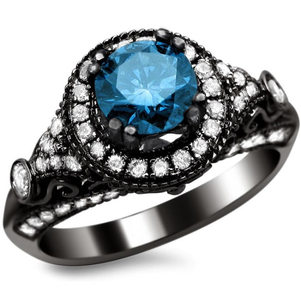 Yaffie Custom Vintage Ring - Blue and White Diamonds Set in Black Gold, Totaling 1 2/5ct TDW