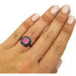 Yaffie Custom Black Gold Halo Ring with a 1 3/5ct Pink Sapphire Cushion-Cut and Black Diamonds
