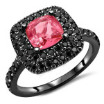 Yaffie Custom Black Gold Halo Ring with a 1 3/5ct Pink Sapphire Cushion-Cut and Black Diamonds