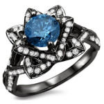 Yaffie ™ Custom Lotus Flower Engagement Ring in Blue Round Diamond and Black Gold, 1 3/5ctw