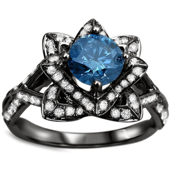 Yaffie ™ Custom Lotus Flower Engagement Ring in Blue Round Diamond and Black Gold, 1 3/5ctw