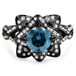 Yaffie ™ Custom Lotus Flower Engagement Ring in Blue Round Diamond and Black Gold, 1 3/5ctw