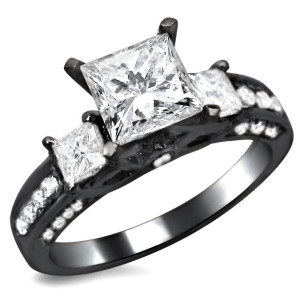 Yaffie ™ Custom Beauty: 1.7ct TDW Black Gold 3 Stone Engagement Ring with Princess Cut Diamonds