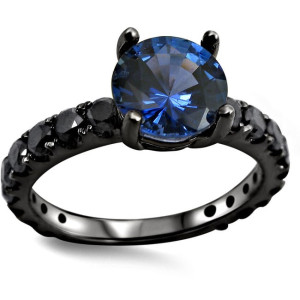 Yaffie ™ Custom Black Gold Ring with 1 ct TDW Black Diamond and Blue Sapphire for Engagement