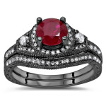 Custom Yaffie™ Bridal Set: Black Gold with 1ct TGW Ruby and 2/5ct TDW Diamonds