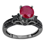 Yaffie ™ Custom-made Black Gold Engagement Ring with 1ct TGW Red Ruby and 3/4ct TDW Black Diamond