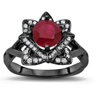 Yaffie Custom Black and Red Lotus Diamond Engagement Ring - 1ct Ruby, 2/5ct Diamonds
