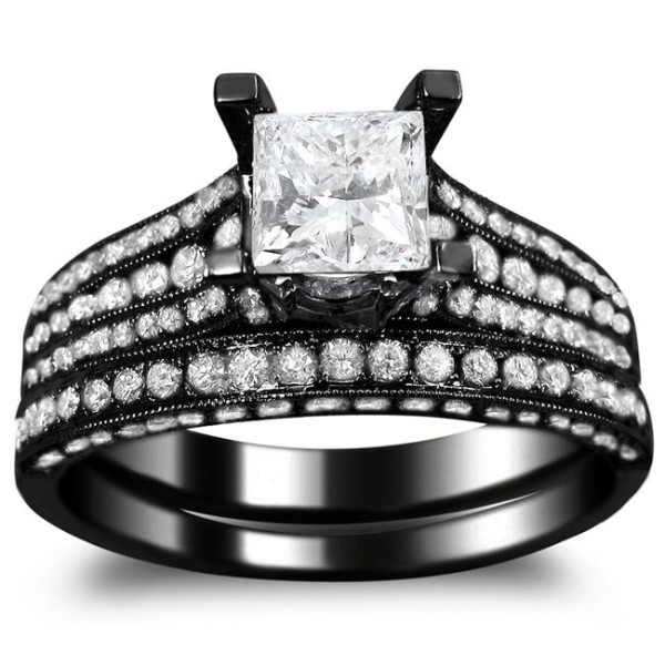 Yaffie™ Custom Black Gold Bridal Ring with Princess-cut Clarity Enhanced 2 1/10ct TDW Black and White Diamonds