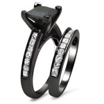 Yaffie Custom-Made Black Gold Bridal Set Featuring a Stunning 2 1/2ct TDW Princess-Cut Black Diamond Engagement Ring