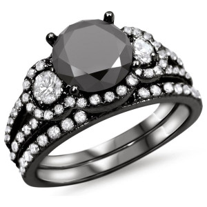 Yaffie 2.25ct Black & White Round Diamond Bridal Set - Luxurious Black Gold Design