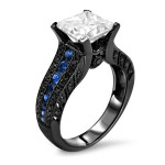 Yaffie Custom 2.8-carat Black Gold Princess Moissanite Blue Sapphire Black Diamond Engagement Ring with TGW Sparkle.