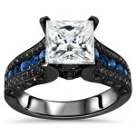 Yaffie Custom 2.8-carat Black Gold Princess Moissanite Blue Sapphire Black Diamond Engagement Ring with TGW Sparkle.