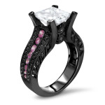 Yaffie ™ One-of-a-Kind Pink Sapphire Black Diamond Engagement Ring with 2.8-carat Princess Moissanite in Black Gold