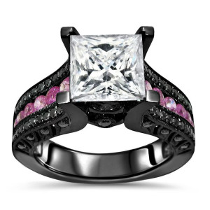 Yaffie ™ One-of-a-Kind Pink Sapphire Black Diamond Engagement Ring with 2.8-carat Princess Moissanite in Black Gold
