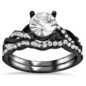 Yaffie Beautiful Black Gold Ring with 2/5ct TDW Diamond and Shimmering White Sapphire - A Unique Engagement Set