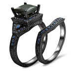 Yaffie ™ Custom Black Diamond and Blue Sapphire Bridal Ring Set with 2ct TDW of Black Gold