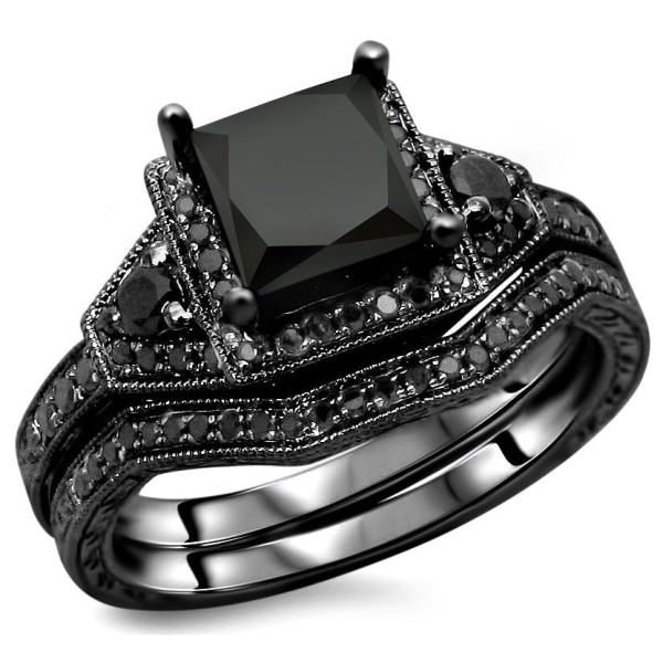Yaffie™ Custom Black Princess-cut Bridal Set with 2ct TDW Black Diamonds - The Ultimate Black Gold Engagement Ring