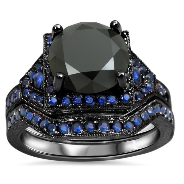 Yaffie ™ Customised Black Gold Bridal Set with 3 1/10ct Black Diamond and Blue Sapphire.