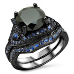 Yaffie ™ Customised Black Gold Bridal Set with 3 1/10ct Black Diamond and Blue Sapphire.