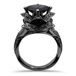 Yaffie Custom-made Black Lotus Flower Engagement Set with 3 1/10ct TDW Princess-cut Black Diamonds - A Touch of Elegance in Black Gold