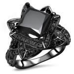 Yaffie Custom-made Black Lotus Flower Engagement Set with 3 1/10ct TDW Princess-cut Black Diamonds - A Touch of Elegance in Black Gold