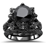Yaffie Custom Made Black Diamond Lotus Engagement Ring Set - 3 1/2ct TDW, in Black Gold