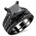 Custom-made by Yaffie™- 3 7/8 ct TDW Princess-cut Black Diamond Bridal Set in Black Gold