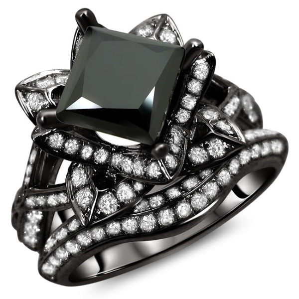 Custom-Made Yaffie ™ Black Lotus Flower Diamond Ring Set - 3ct TDW Princess Cuts