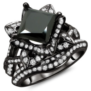 Yaffie ™ Custom Black Princess Cut Lotus Flower Diamond Ring Set - 3ct TDW and Black Gold, Perfectly Paired