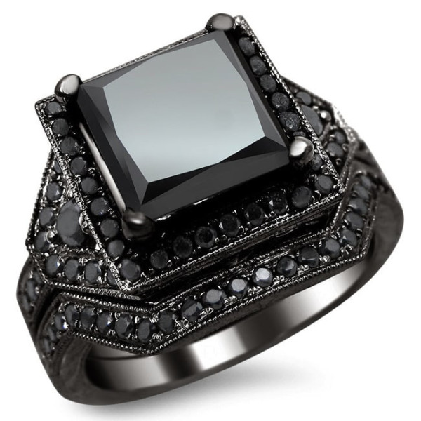 Custom-Made Yaffie™ Princess-Cut Black Diamond Bridal Set with Black Gold, 4 1/4ct