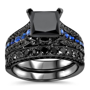 Yaffie™ Handcrafted Bridal Set with 4 1/4ct TDW Black Diamond and Blue Sapphire - The Elegant Black Gold
