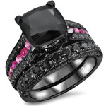 Yaffie ™ Black Gold Pink Sapphire Engagement Ring Set with 4 2/5ct TDW Black Diamonds - Uniquely Crafted