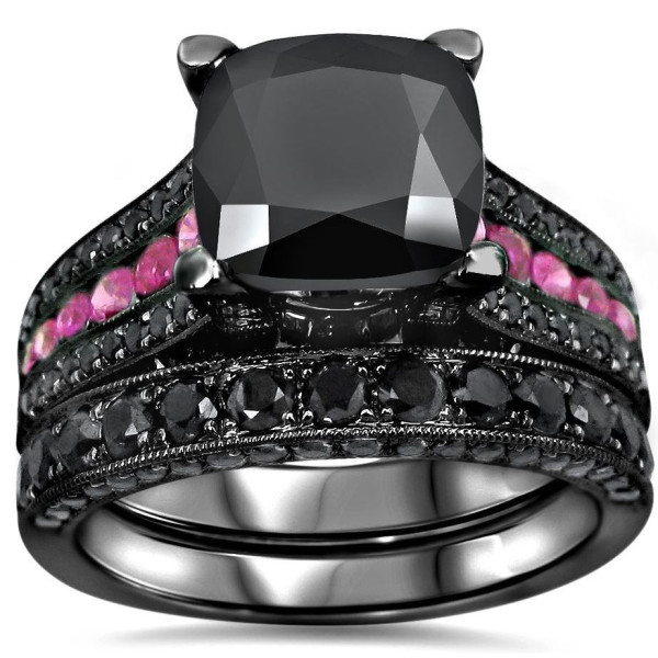 Yaffie ™ Black Gold Pink Sapphire Engagement Ring Set with 4 2/5ct TDW Black Diamonds - Uniquely Crafted