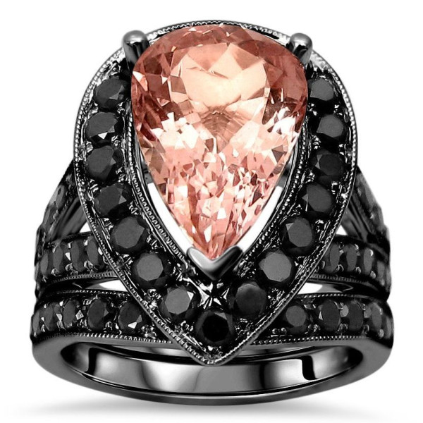 Yaffie Custom Black Gold Bridal Set with Pear-cut Morganite and Black Diamond - 5 4/5ct TGW