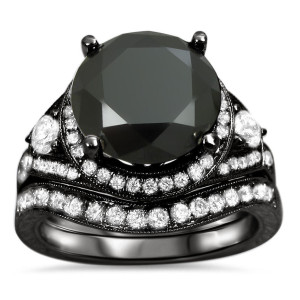 Yaffie Custom 5ct Black Round Diamond Engagement Bridal Ring Set: Dazzling Black Gold
