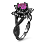 Yaffie™ Handcrafted Lotus Flower Engagement Ring: Pink Round Sapphire and 2/5ct TDW Diamond in Black Gold and White Gold.