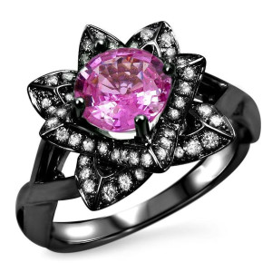 Yaffie™ Handcrafted Lotus Flower Engagement Ring: Pink Round Sapphire and 2/5ct TDW Diamond in Black Gold and White Gold.