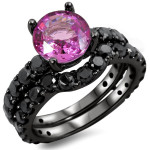 Yaffie ™ Bespoke Black Diamond Bridal Ring Set with Pink Sapphire Accents: Black Gold Glamour with 2 1/6 Total Diamond Weight.