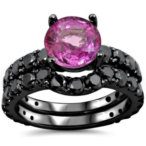 Yaffie ™ Bespoke Black Diamond Bridal Ring Set with Pink Sapphire Accents: Black Gold Glamour with 2 1/6 Total Diamond Weight.