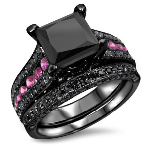 Yaffie ™ Custom Black Diamond Pink Sapphire Bridal Set with 3 4/5ctw Black Rhodium Gold