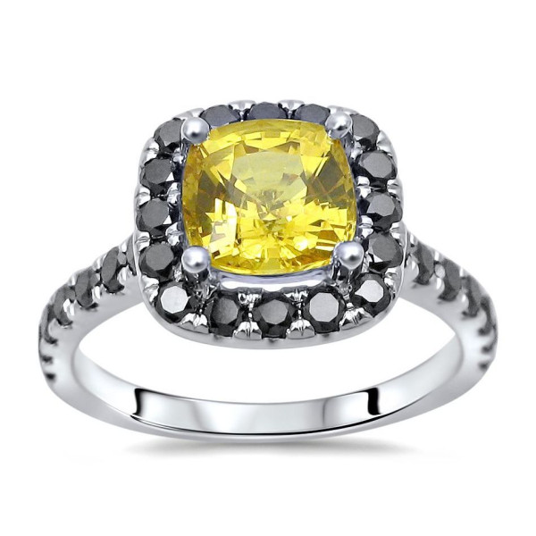 Customised Yaffie™ Yellow Sapphire and Black Diamond Engagement Ring - 1.75 CT Cushion-cut Gold Brilliance.